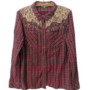 Miss Me Western Plaid Button Rodeo Button Shirt Lace Boho Bling Rhinestone Cross